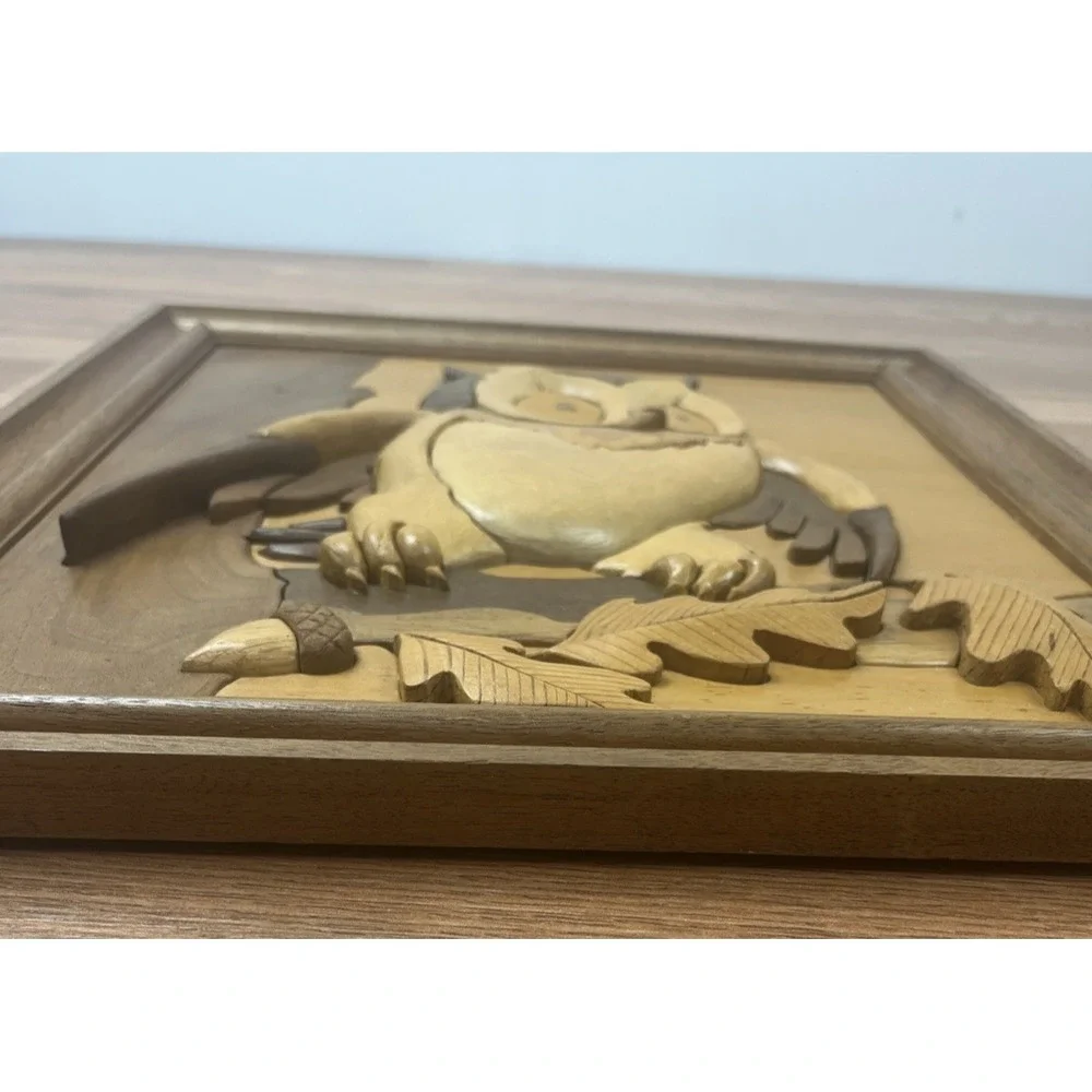 Vintage 3D Intarsia Wood Inlay‎ Owl Framed Wall Hanging Art 15
